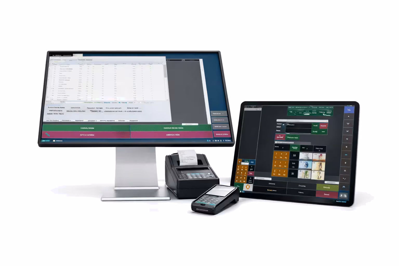 Kassenbildschirm, Bondrucker, Kartenterminal und Tablet nebeneinander auf einem Tresen