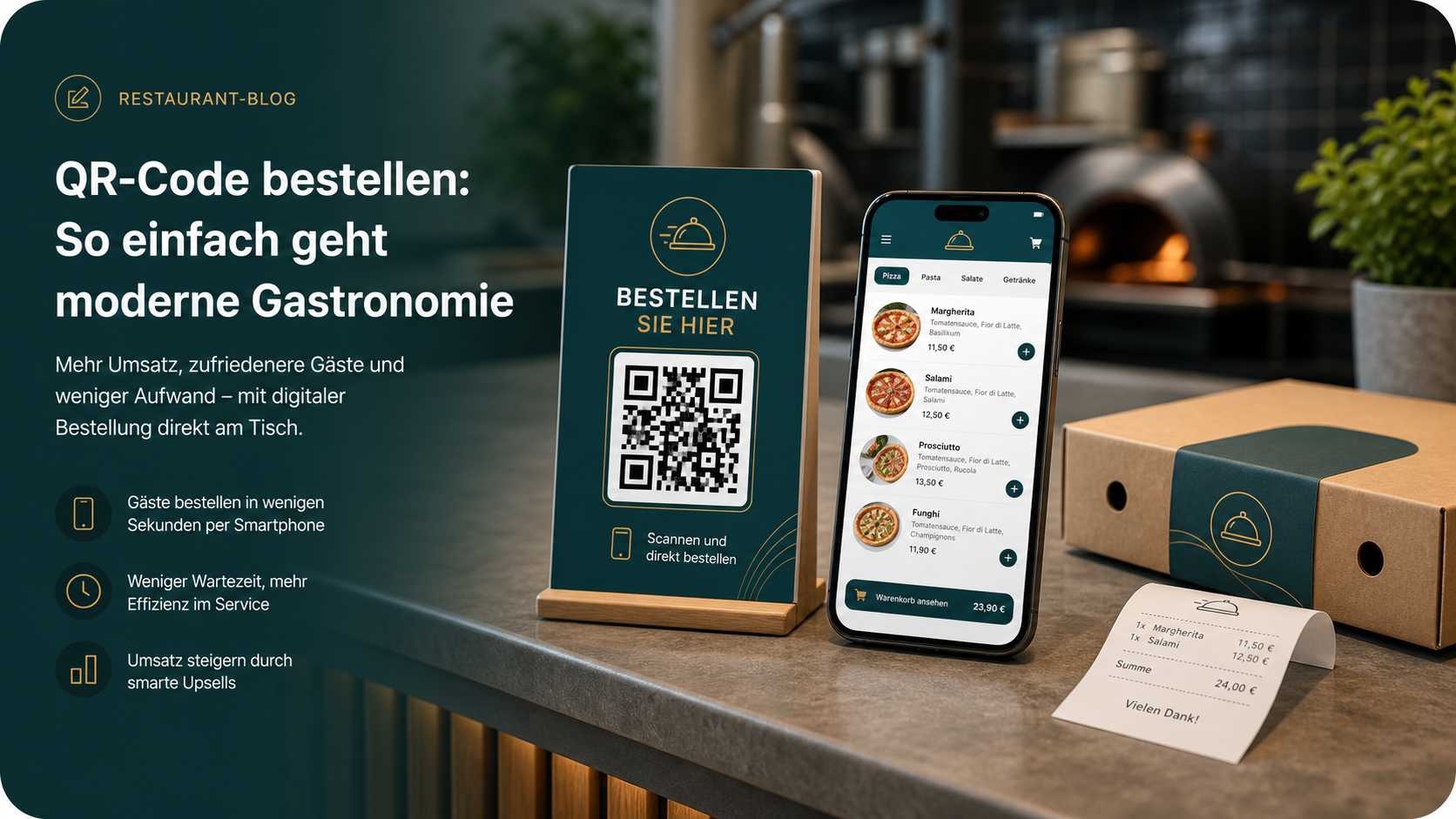 QR-Code-Aufsteller und Smartphone mit Restaurant-Webshop für Direktbestellungen